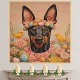 Doberman in Easter Outfit, Cute Pet Portrait for Spring Home Decor, Holiday Gifts for Dog Lovers, Dog Wall Art on Canvas Wrap, Framed Print, or Rolled Artwork